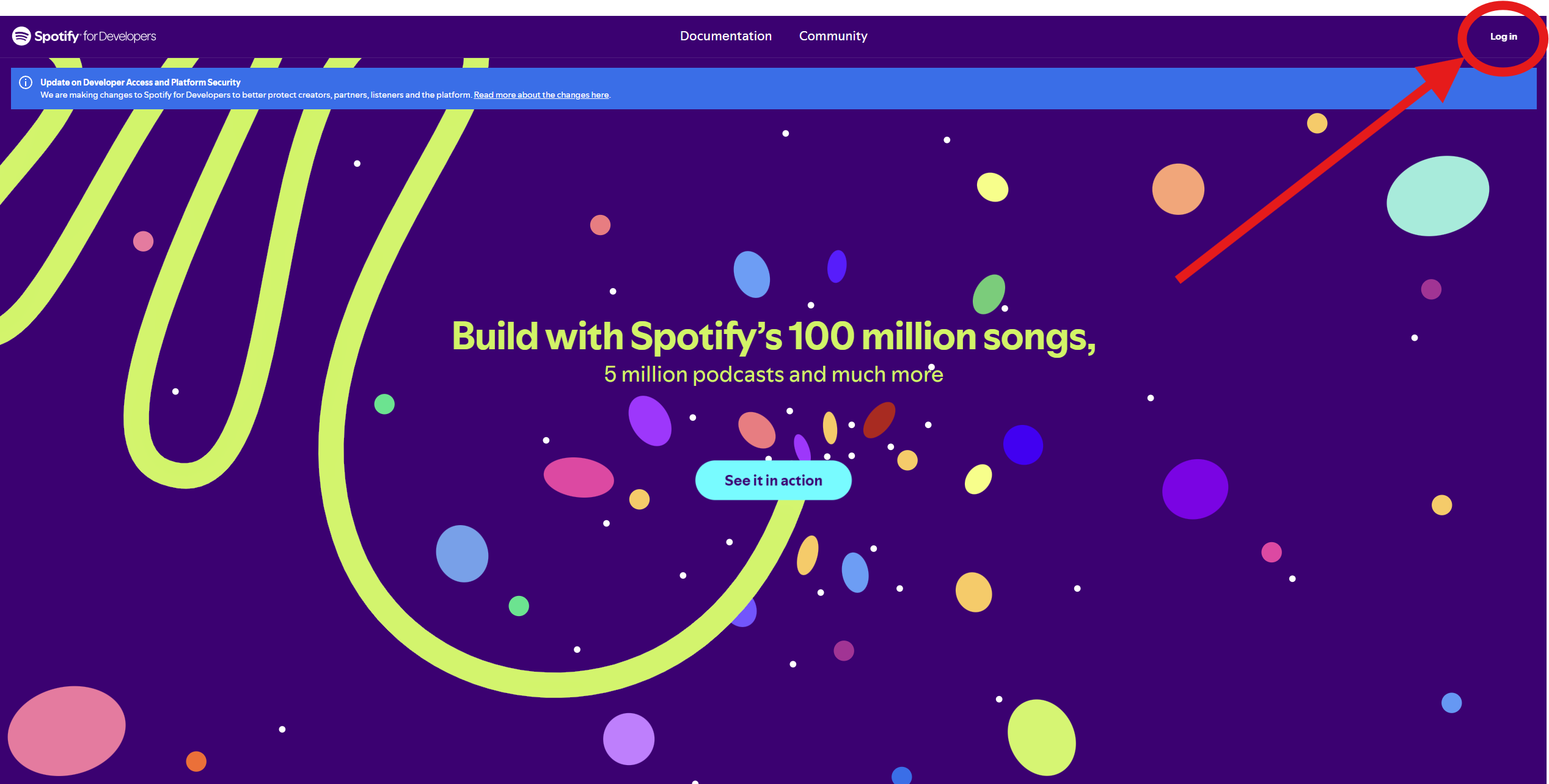 Spotify for Developers mit markiertem Log-in-Button
