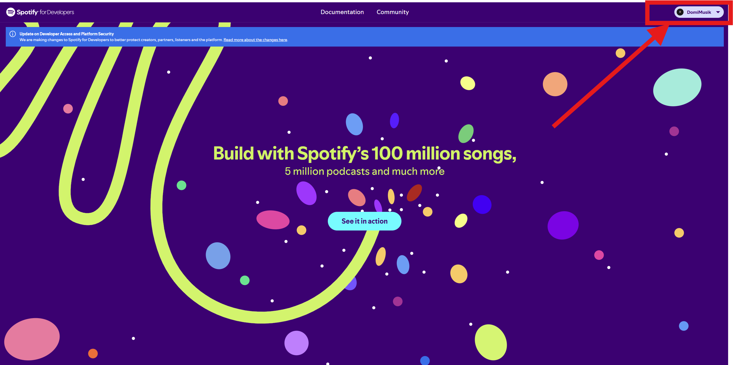 Spotify Developer Seite mit markiertem Profil oben rechts