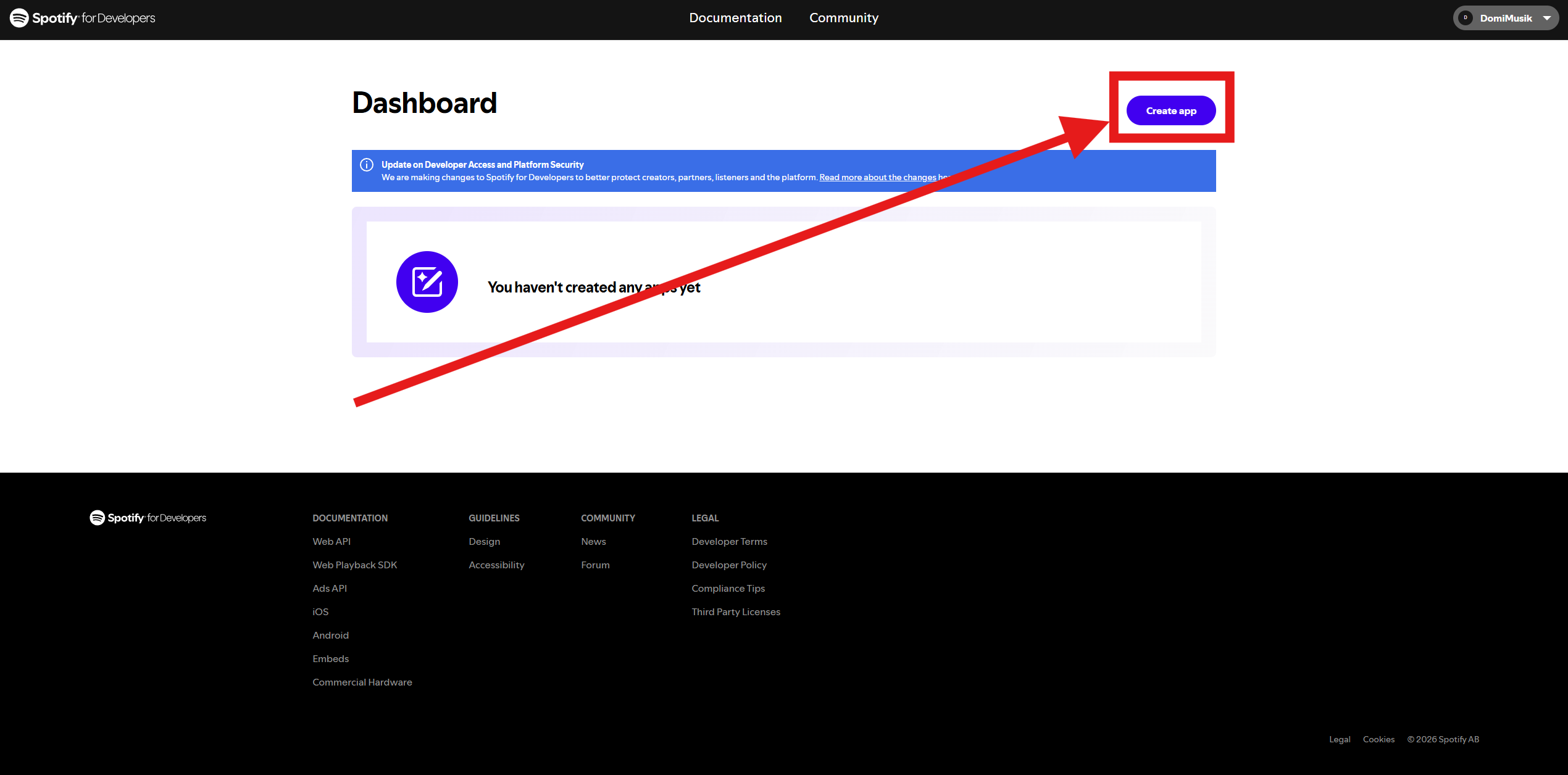 Spotify Dashboard mit markiertem Button Create app