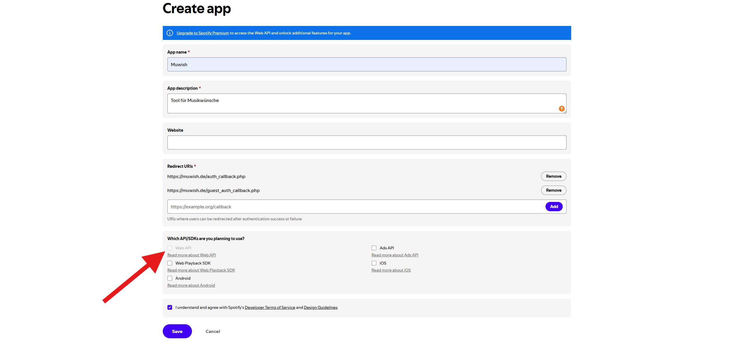 Spotify Create-app-Formular mit Redirect URIs und Web API
