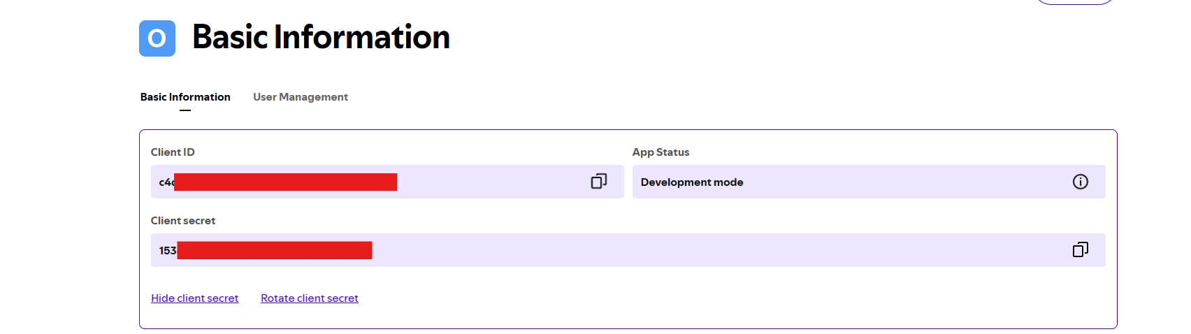 Spotify App-Übersicht mit Client ID und Client Secret